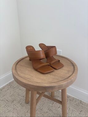 Marc Fisher Tan Leather Two-Band Square Toe Mules